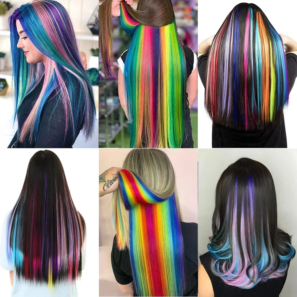 Synthetic Colored Clip In One Piece Straight Colorful Rainbow Hair Extensions 22 Inch Hairpieces