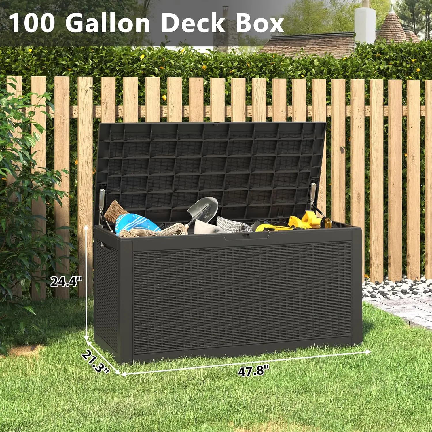 NUNU LAB 100 Gallon Large Waterproof Resin Deck Box, Lockable Outdoor Storage Box with Gas Lift, Patio Cushions, Garden Tools, P