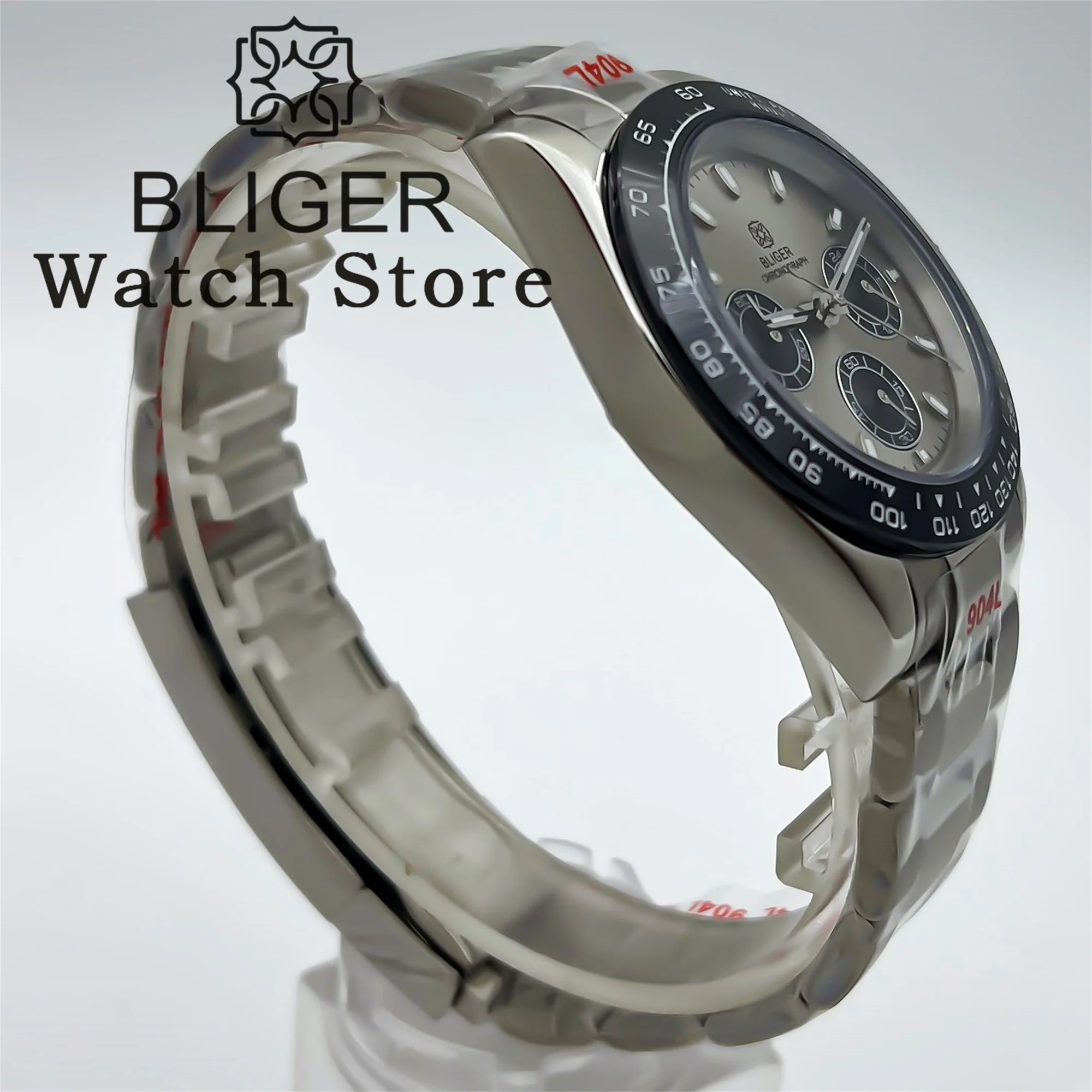 BLIGER 39mm Gray Dial Black Bezel VK63 Quartz Multi-Function Chronograph Watch For Men Sapphire Glass Luminous Waterproof Watch