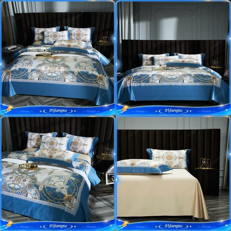 Luxury Blue Egyptian Cotton Bedding Set Retro Digital Print Duvet Cover Quilt Sheet Pillowcase Home Textile Bedroom Decor