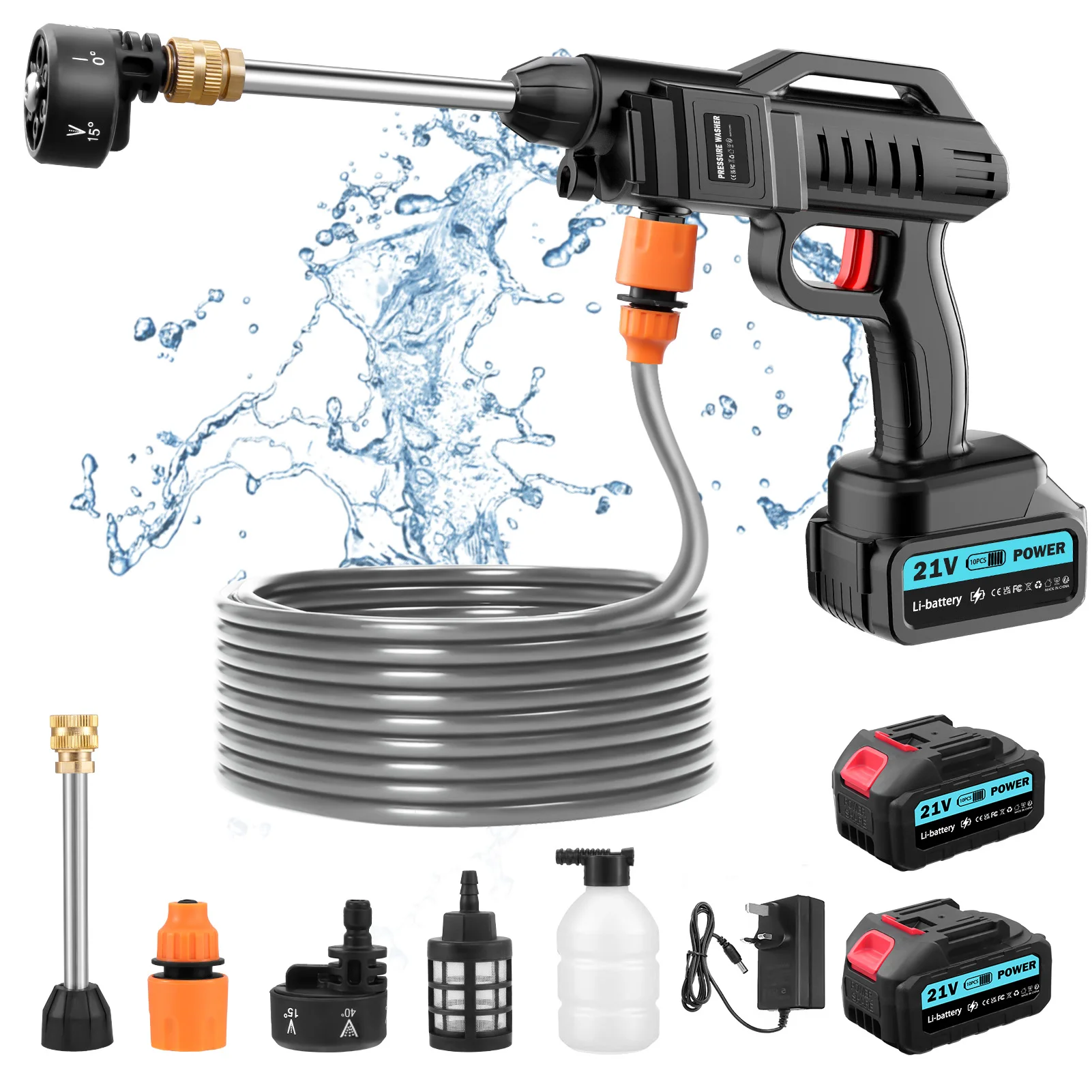 21V Handgehaltener Hochdruck-Wasserstrahlreiniger mit zwei 3000mAh Batterien, tragbarer elektrischer Autowäscher für Fahrzeugboden-, Garten- und Außenreinigung.