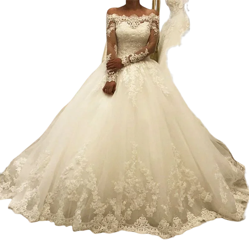 فساتين زفاف مخصصة بأكمام طويلة قبالة الكتف فساتين زفاف Vestido Noiva Casamento مزينة بالدانتيل مشد Ballgown زي العرائس