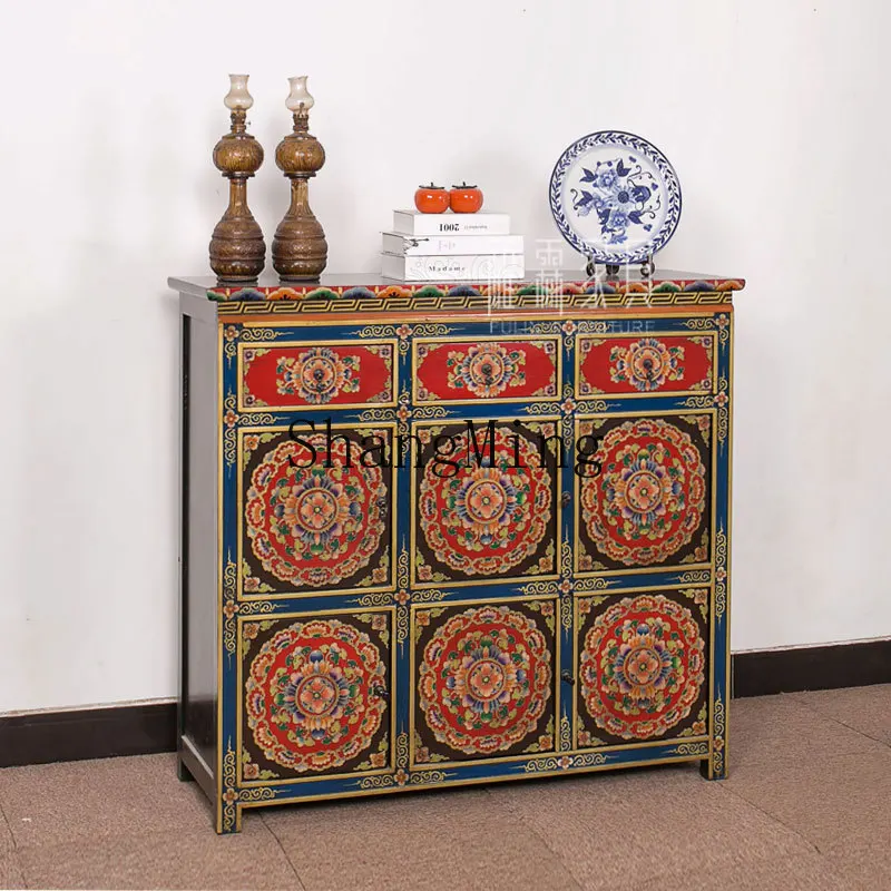 

CL Chinese-style painted dining side cabinet solid wood antique Xizang-style hand-painted classical decorative storage locker