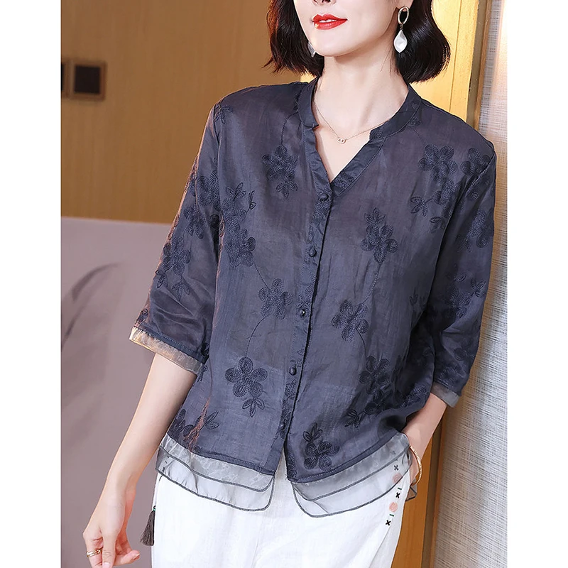 

Elegant V-Neck Spliced Vintage Embroidery Shirts Women's Clothing 2025 Summer New Loose All-match Tops Office Lady Blouses