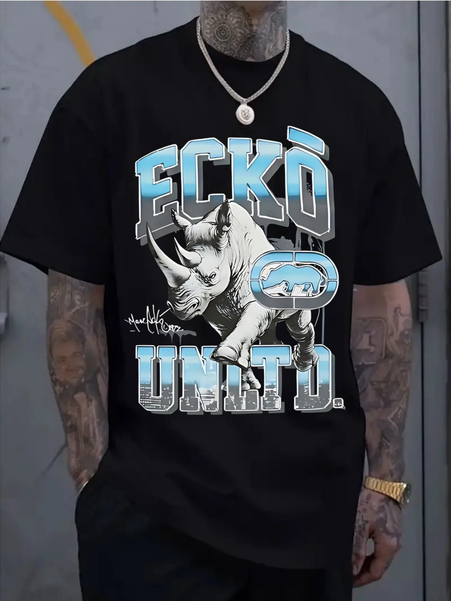 Rhino Graphic Tee for Men 100% Cotton Breathable Casual Summer T-Shirt with Retro Animal Print