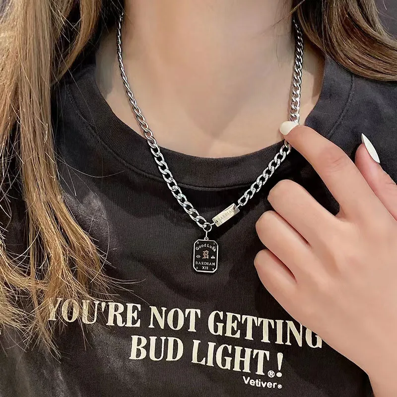 Good Luck Pendant Necklace Couple Fashion Trend Titanium Steel Hang Tag Sweater Chain Hip-hop Jewelry Accessories