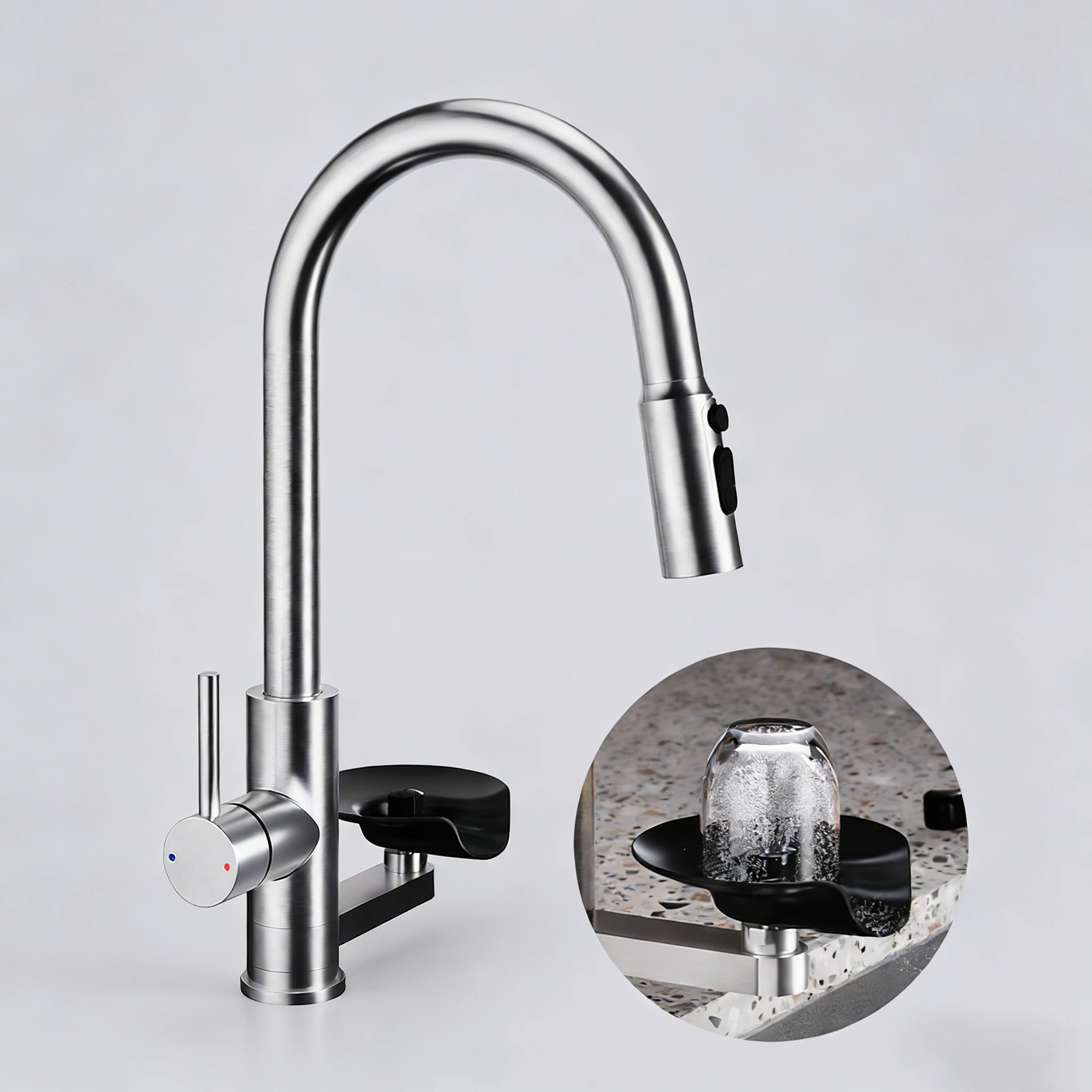 Modern High End Kitchen Sink Faucet with Cup Washer Brushed Nickel Pull Out Spout Kitchen Faucets One Hole 360° Swivel Mixer Tap