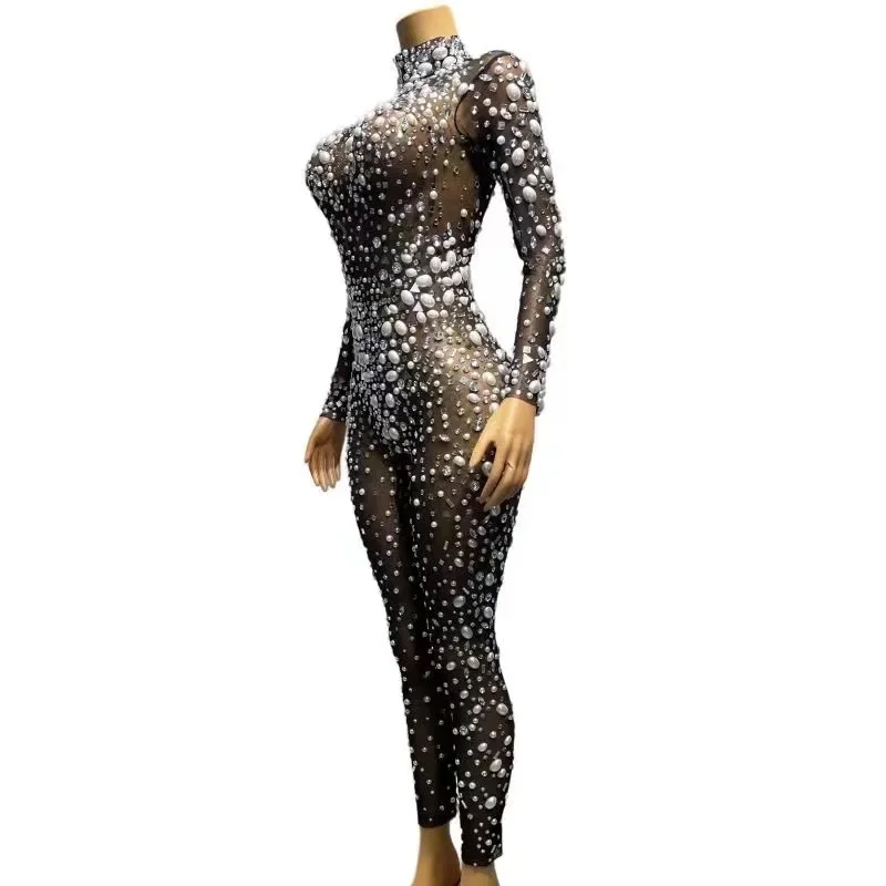 Sexy Stage Big Pearls Crystals Rhinstones Transparent Jumpsuit Evening Birthday Celebrate Outfit Dancer Photoshoot Rompers