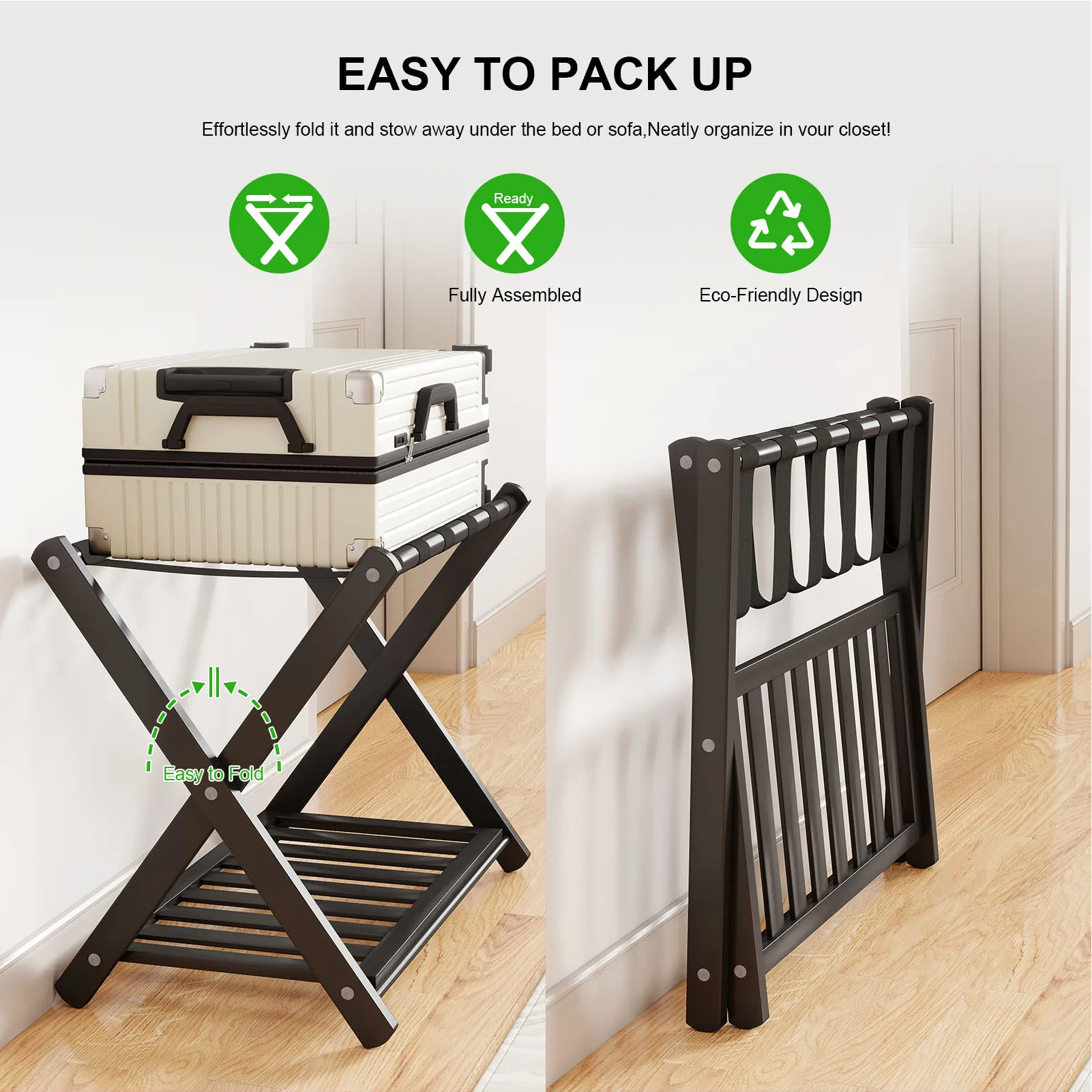 Luggage Rack Foldable Thickened Wood Suitcase Stand with Storage Shelf for Hotel Bedroom Guest Room Luggage Rack Luggage Stand