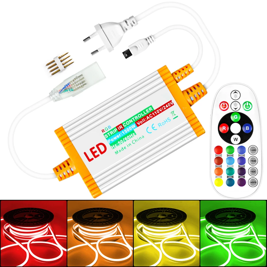 조도 조절 IP68 방수 컨트롤러, SMD5050 2835 RGB LED 스트립 LED 네온 램프용 24 키 IR 리모컨 포함, 1500W, 110V, 220V