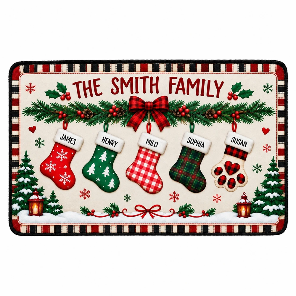 Personalized Christmas Doormat Custom Family Name Pet Names Non Slip Indoor Entryway Rug Holiday Home Decor Gift for Pet Owners
