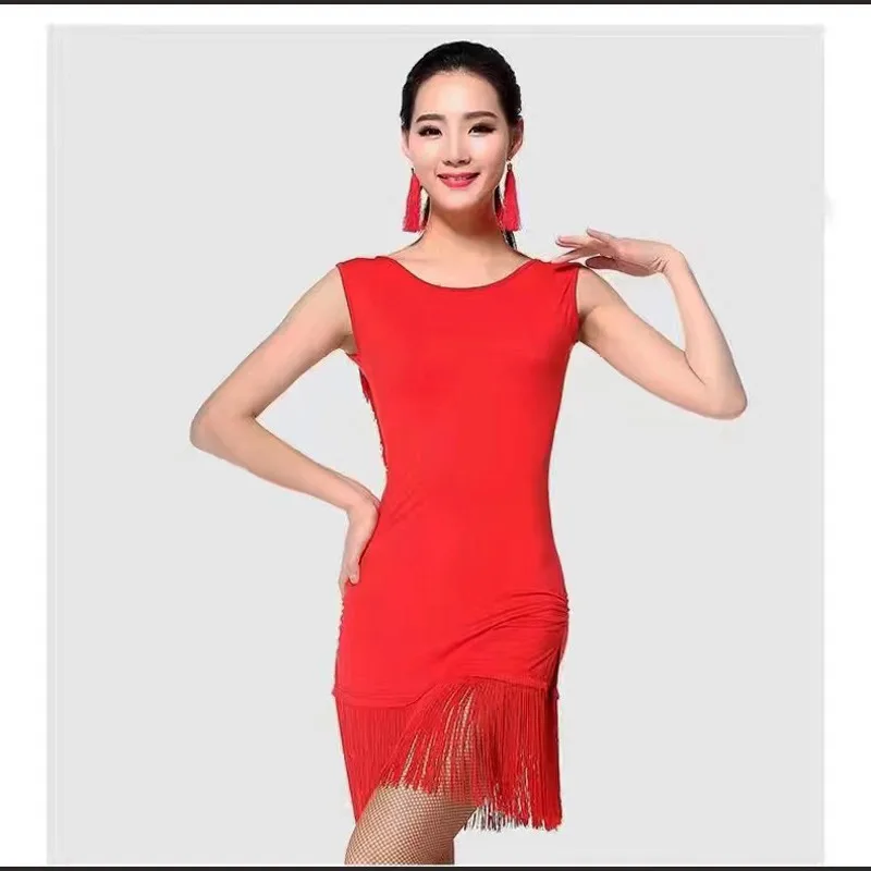 Robe de danse latine personnalisée pour femmes adultes, sans manches, à franges, vêtements d'entraînement, robes de concours de danse de salle de bal sur scène