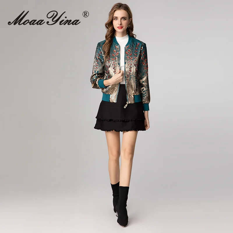 

MoaaYina 2025 Autumn/Winter Women's Fashion High Quality Stand up Collar Long Sleeve Jacquard Nail Bead Coat