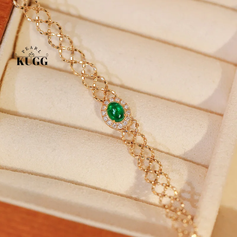 KUGG 100% 18K Yellow Gold Bracelet Vintage Elegant Style Shiny Diamond Natural Emerald Bracelet for Women High Party Jewelry