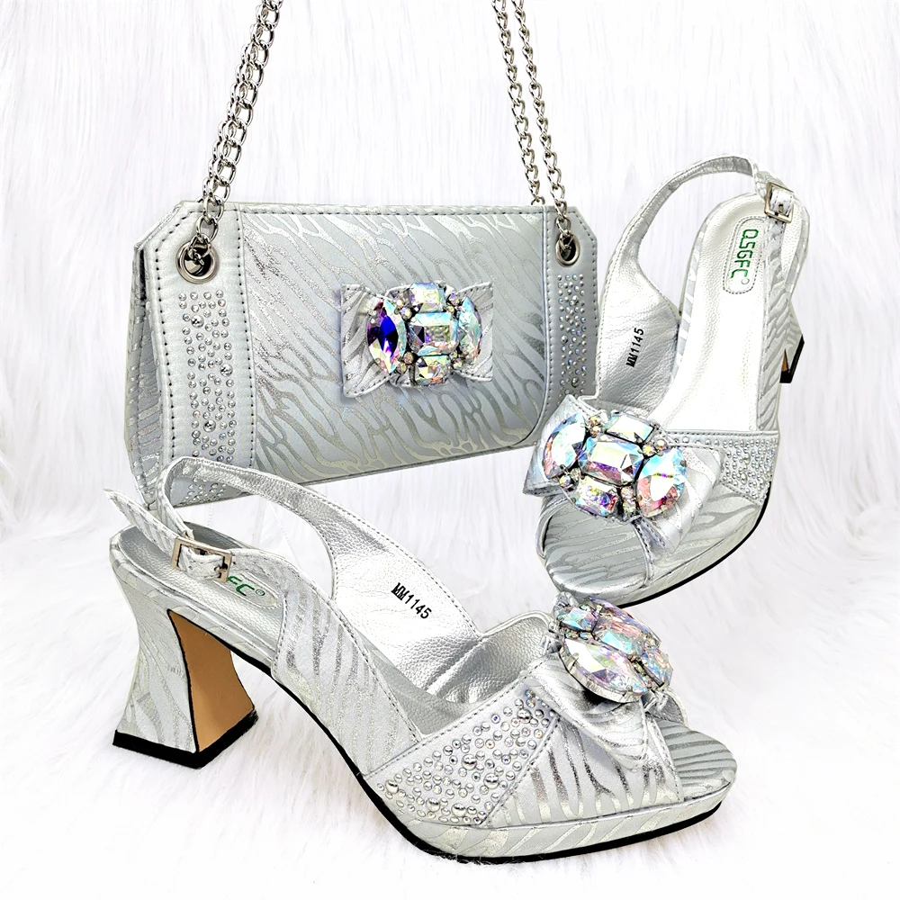 

QSGFC Silver Nigerian Women's Shoes and Supporting Bag Set Fashion Versatile Women's High Heels, Sandals, and Casual Party