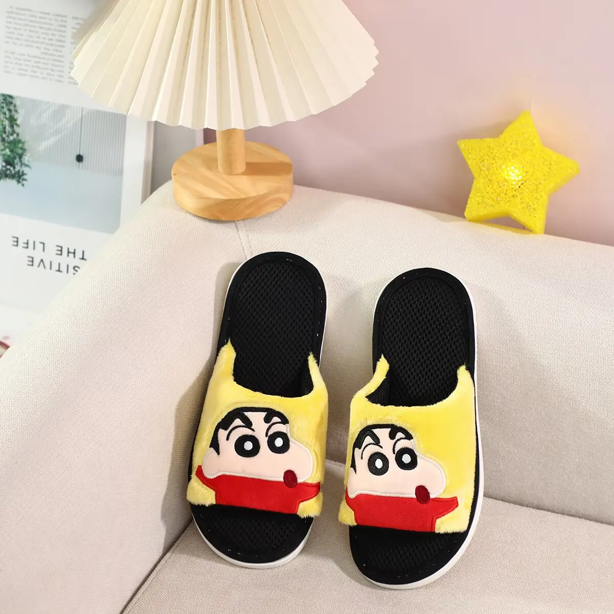 Crayon Shin-chan Open-Toe Slippers Women Cartoon Mesh Breathable Slippers Cozy Plush House Shoes Female Bedroom Cute Flat Slides