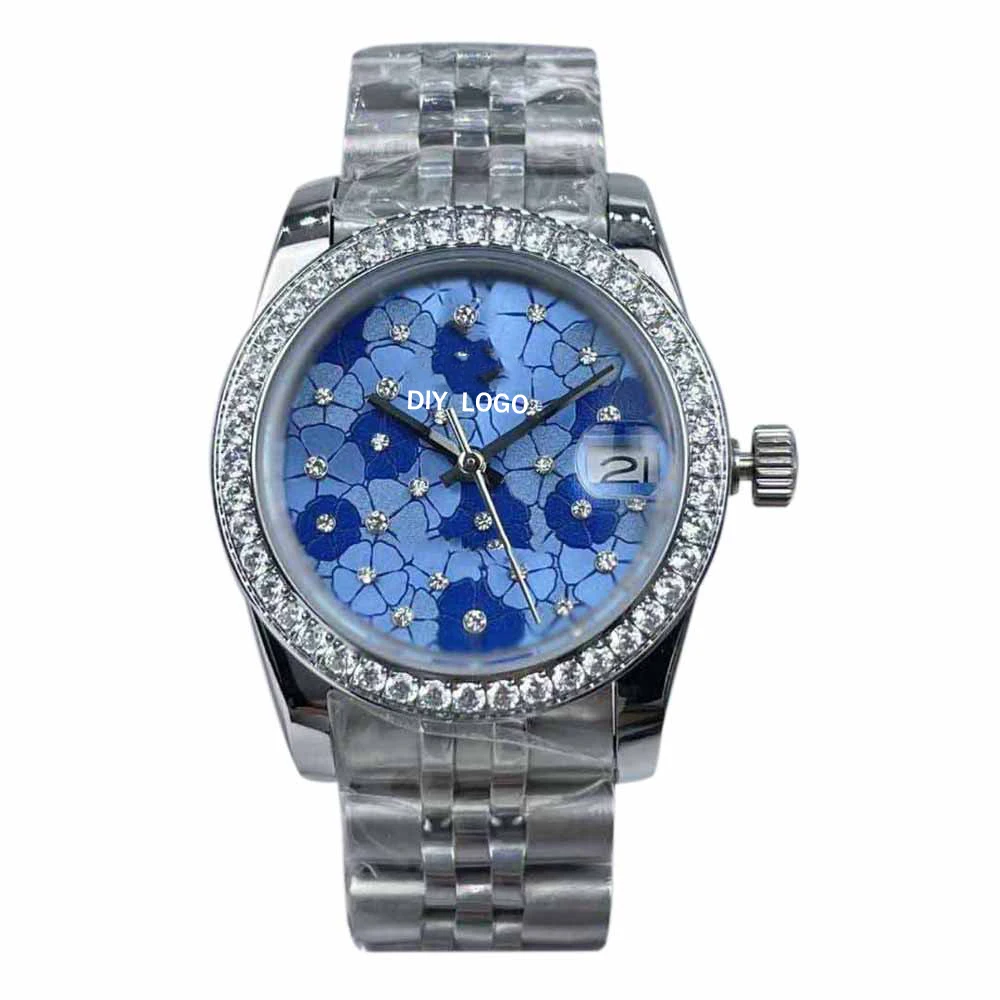 Customized 31mm Women's Fashion Mechanical Watch with 24 Diamonds and Calendar Window