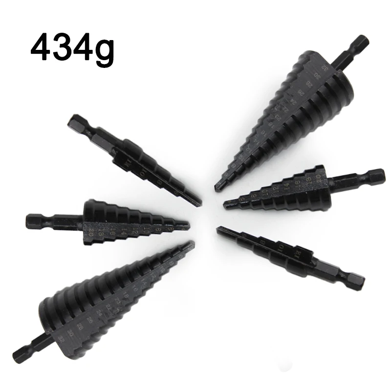 Schwarzer Stufenbohrer mit sechseckigem Schaft und gerader Nut, 3–12/4–12/4–20/4–32 mm, Reiben, Stufenbohrer, Turmbohrer-Werkzeug-Set