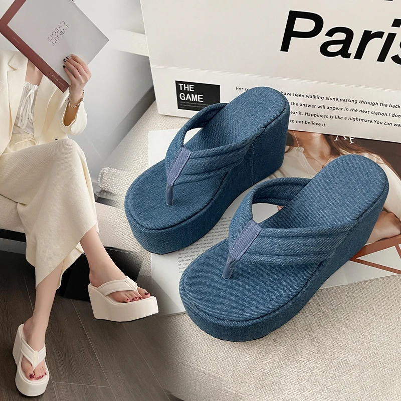 2023 New Summer Herringbone Slippers Women's Wedge Heel Pinch Toe High Heel Outwear High Rise Sandals