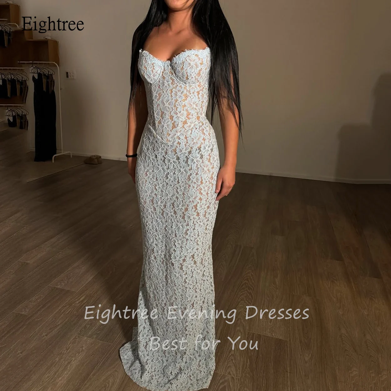 Eightree Sexy Sky Blue/Pink Lace Mermaid Prom Dresses Sweetheart Neck Party Gowns Floor Length Evening Dress Gown Customized image 3