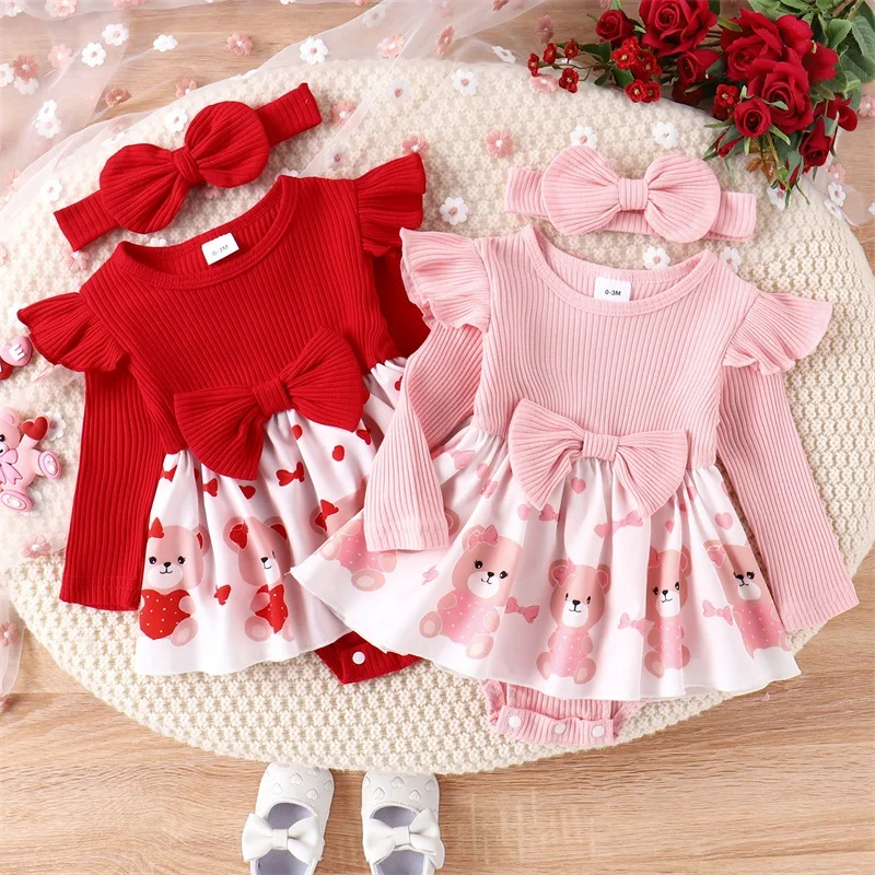 

Newborn Baby Girl Valentine's Day Outfits Long Sleeve Bear Print Romper Dress with Headband Set Infant Spring Clothes Jumpsuit