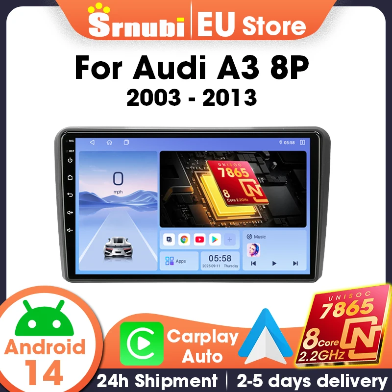 Srnubi Wireless Carplay Android Auto GPS Navigation Multimedia Video Player Car Radio 9 inch For Audi A3 8P 2003 - 2013, 2 Din Head Unit with QLED Screen Support SWC, 8-Core UIS7865 DSP Bluetooth 5.4