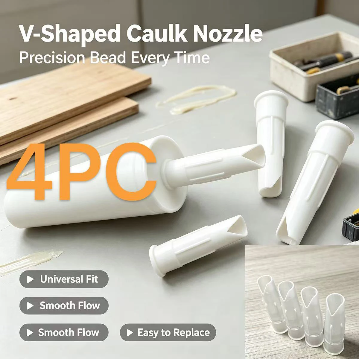 Multi-Size V-Shaped Glass Glue Nozzle Set, Smooth Glue Application Without Clogging, Replacement Heads for Home Decoration, Seam Sealing, Kitchen and Bathroom Caulking Gun, Manual Construction Tools, Pack of 4