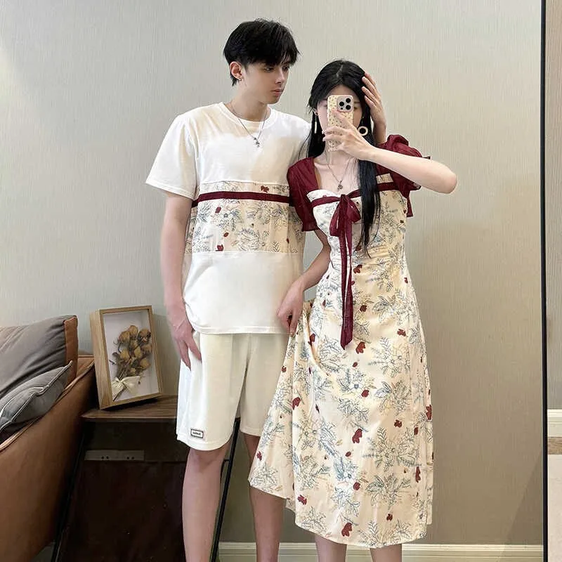 

Couples Summer Wear 2024 New Sle National Trend One Skirt One irt Design Slimming Hanfu Dr ort Sve Floral Print