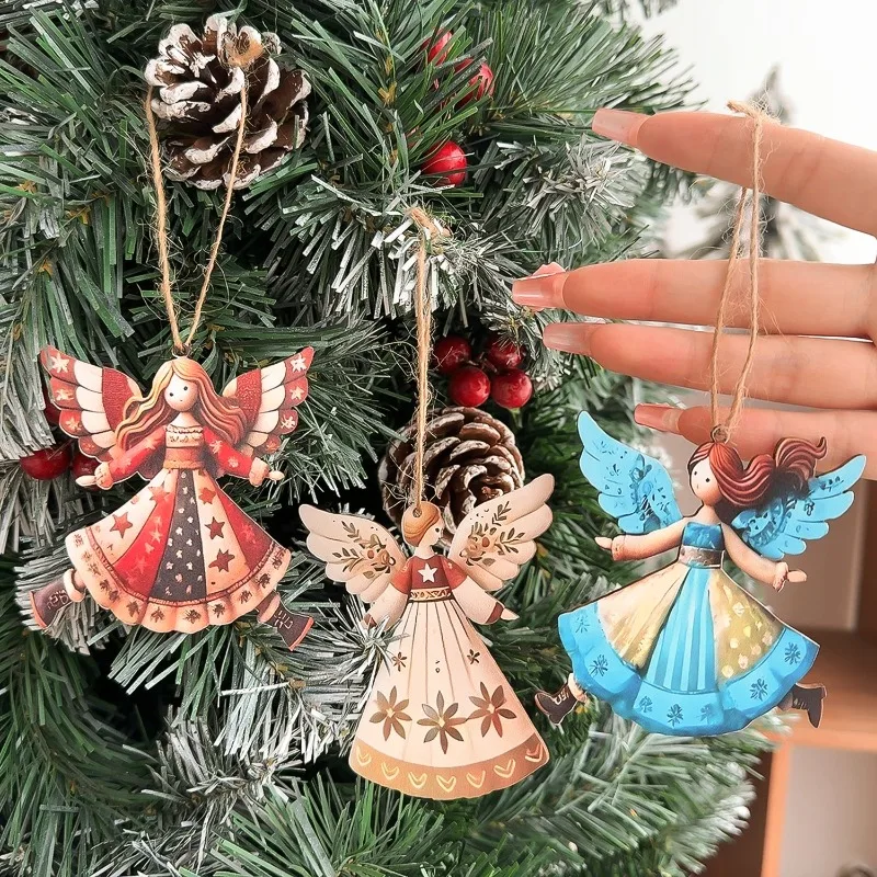 Cartoon Wooden Vintage Wooden Angel Christmas Pendant Ornaments Multi-color Festive Decor For Tree Home Offic Home Decor
