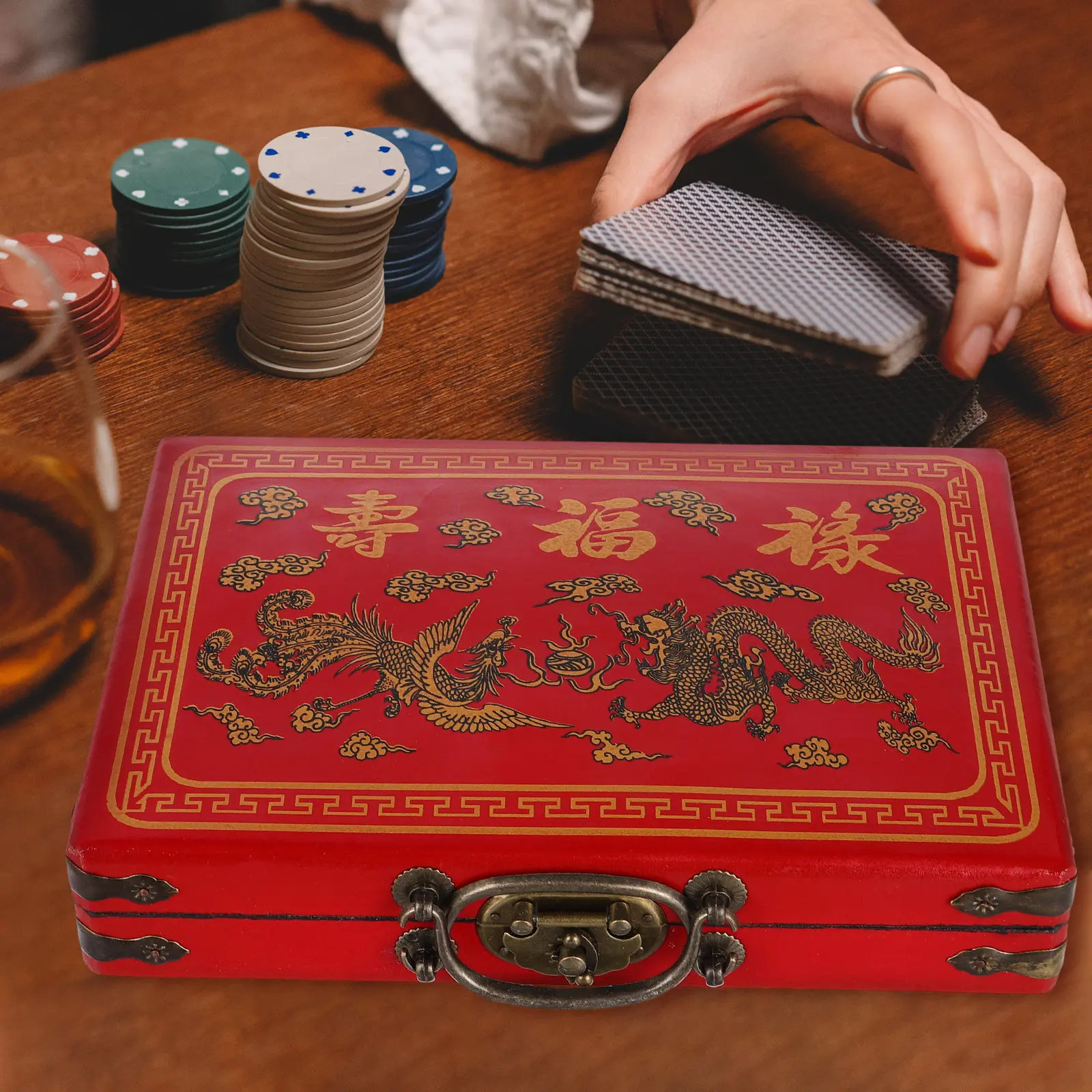 

Large Capacity Portable Mahjong Storage Box Retro Vintage Stylish Lidded Container With Handle For Mahjong Sets Household Tools