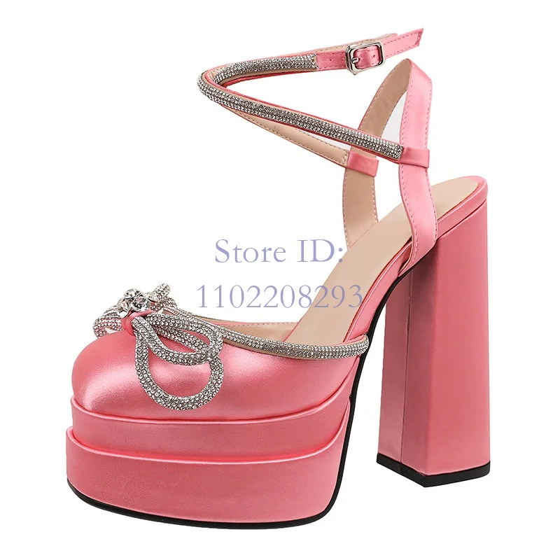 Crystal Butterfly-knot Chunky High Heel Sandals Platform Round Toe Back Buckle Strap Sandals Women Fashion Shows Shoes 2024