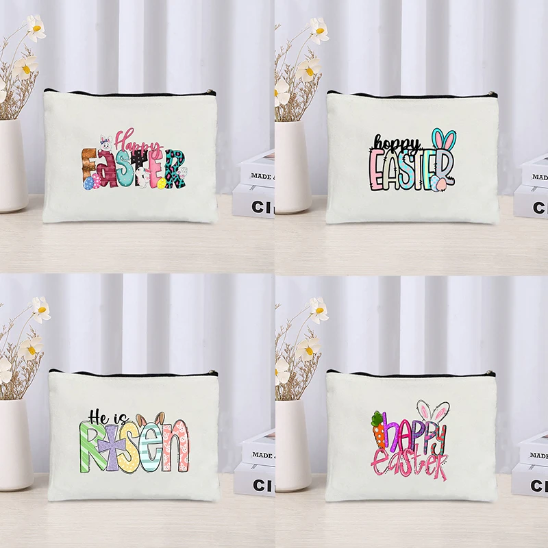 Happy Easter Bunny Printed Cosmetic Bag Organizer Perfume Lipstick Pouch Office Supplies Storage Pencil Case Zipper Wallet Gifts