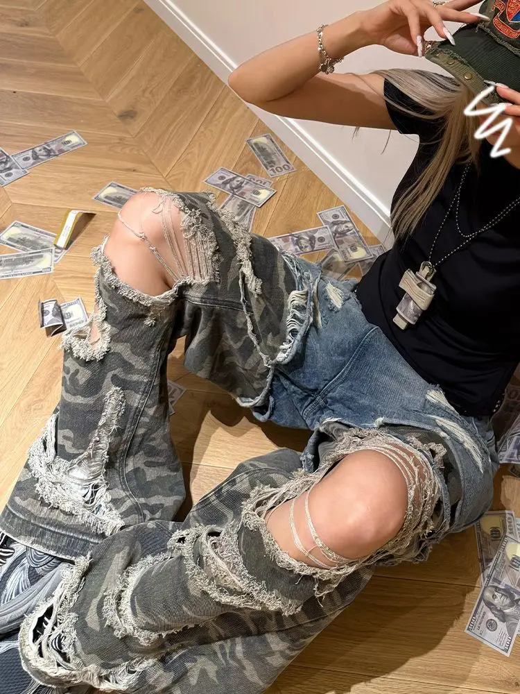 Street Old Washed Splicing Camouflage Jeans Retro Y2k Spice Girl Design Mopping Trousers High Waisted Baggy Jeans Women