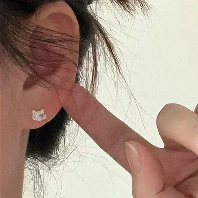 

925 Sterling Silver Geometric Chic Mini Cat Zircon Stud Earring for Women Fine Jewelry High Luxury Vintage Accessories