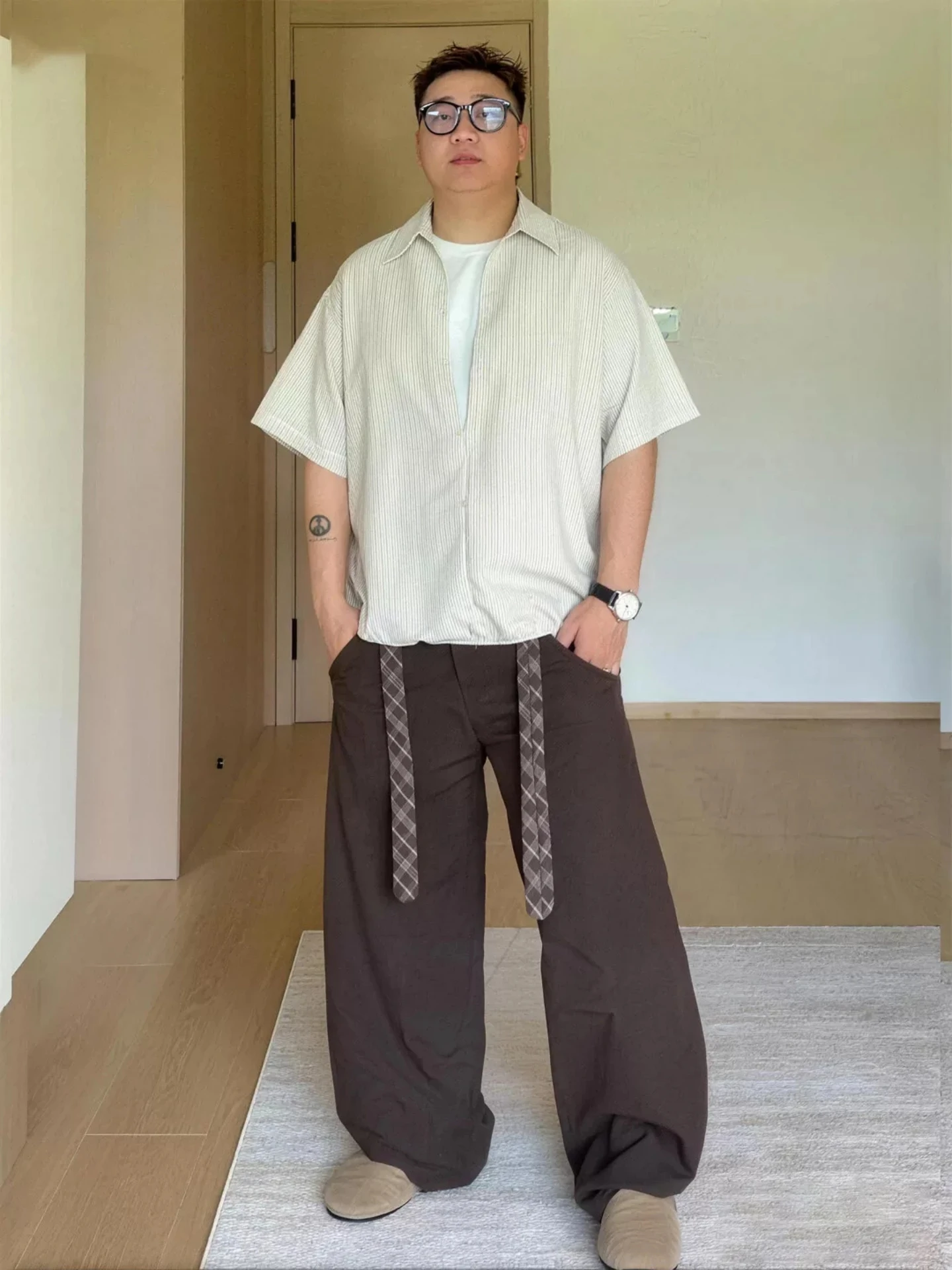 plus Size Men's Shirt And Pants Set Summer Striped V-Neck Plaid Shorts Two-Piece Suit Casual Sportswear Polyester Fiber