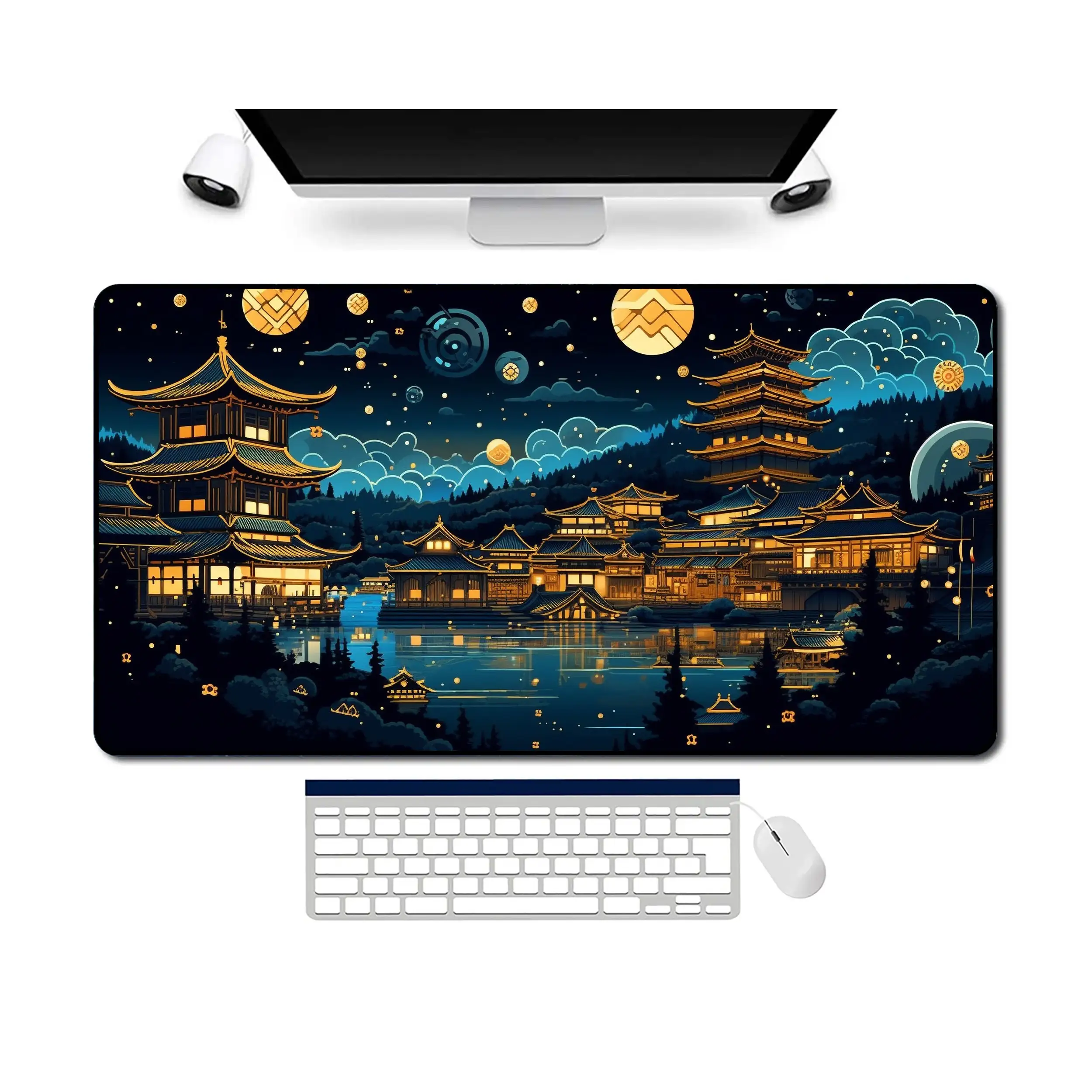 Sky blue aesthetic mouse pad, ancient village and lake design, computer desk decoration. Suitable for gaming/office mouse pad