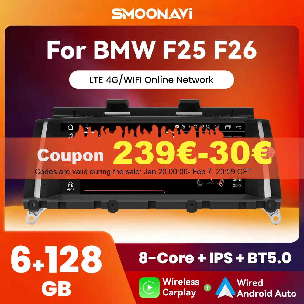 Android 12 6GB 128GB Wireless Carplay Car Radio Multimedia For BMW X3 F25 X4 F26 CIC NBT GPS Navigation IPS Screen Wifi RDS DSP