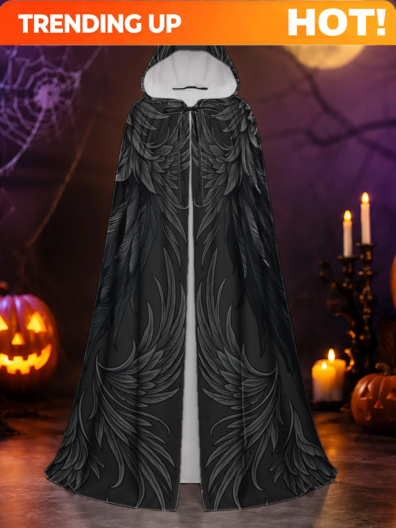 Customization 1pc, Polyester Witch Robe With Gothic Black Feather Wings Design Adult Hooded Cloak For Halloween Roleplay