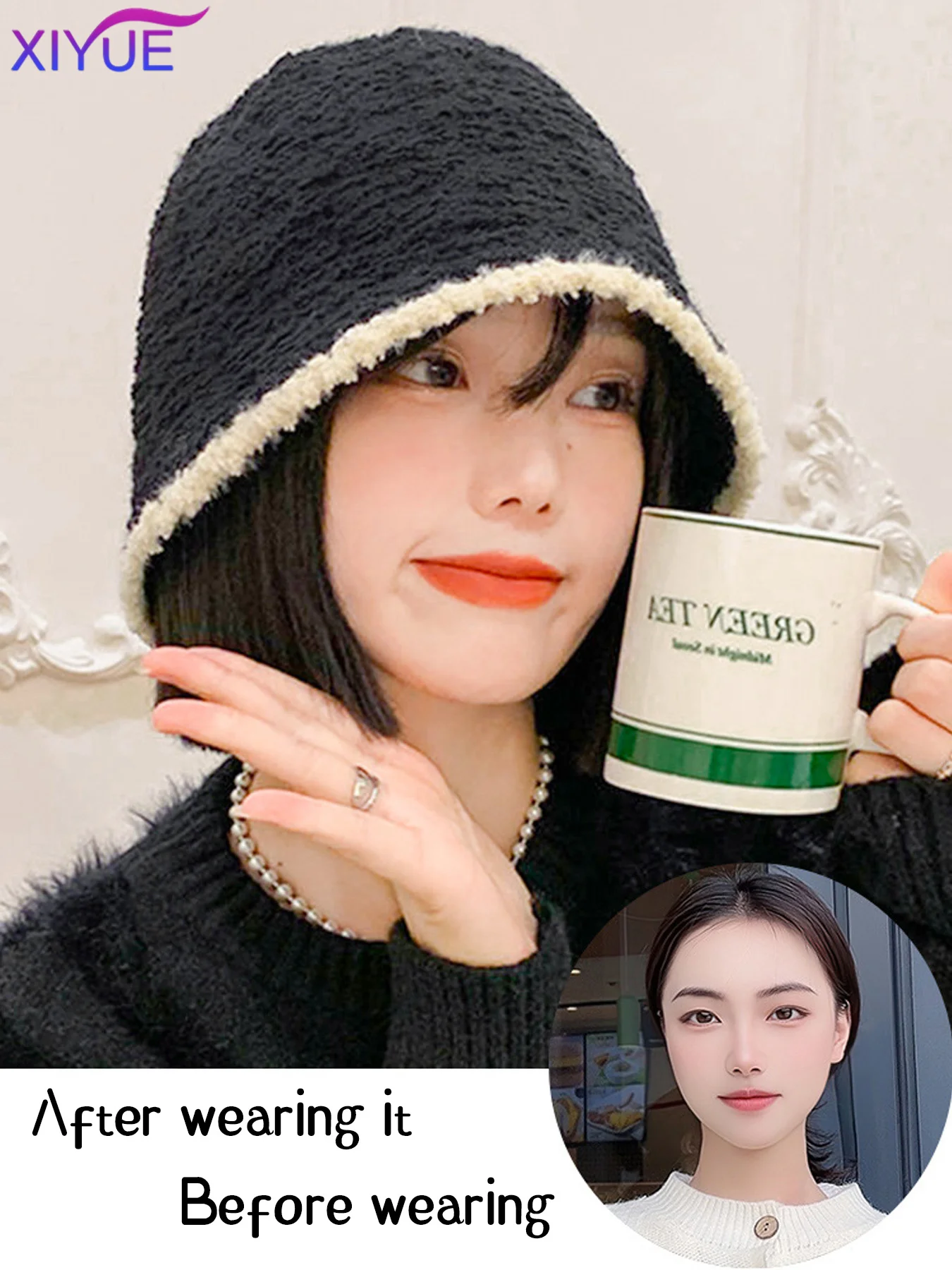 XIYUE Fisherman's Hat Wig Hair Extensions Hat Wigs Natural Black Synthetic Short Clavicle Hair Warm Autumn Winter Cap Wig