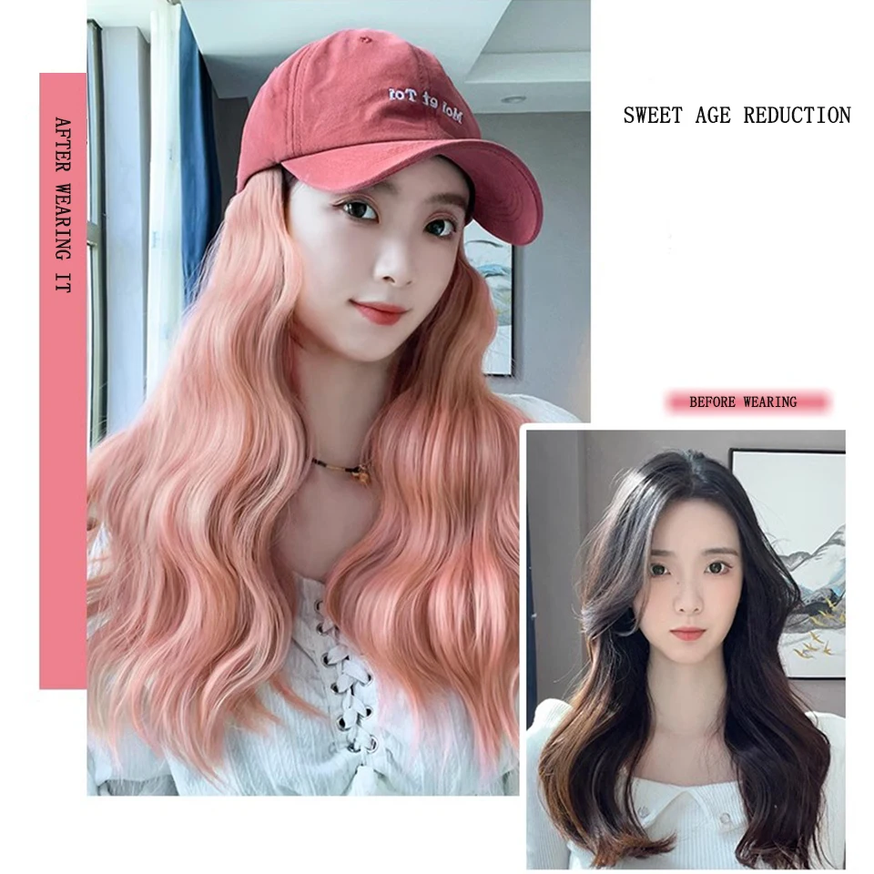 Breathable Hair Extensions Long Big Wavy Ladies Pink Wigs Hat Connected Head Cover Synthetic Baseball Peaked Cap Wig For Women