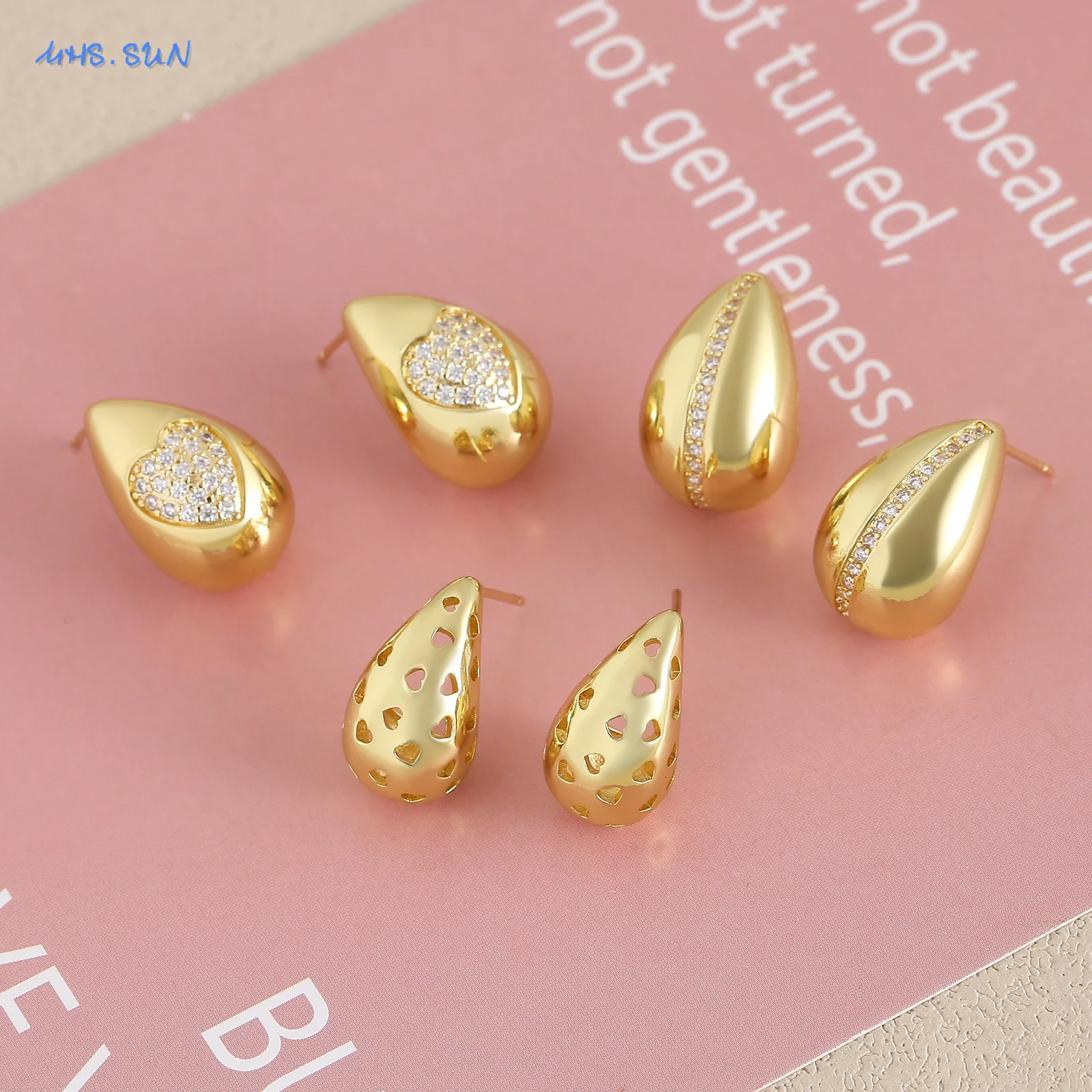 MHS.SUN New Creative Heart Zircon Water Drop Stud Earrings for Women Gold Color Teardrop Shape Earring Korean Jewelry Gift 1Pair