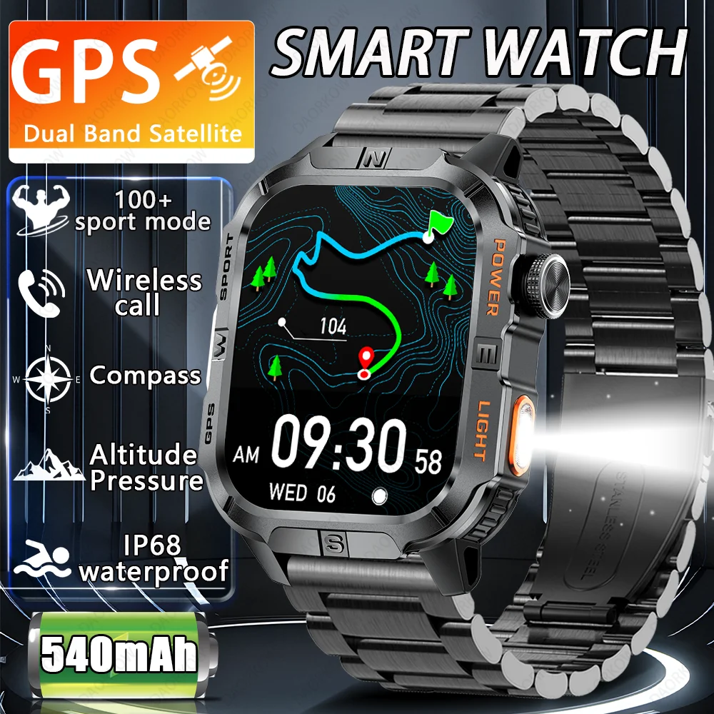 2025 ساعة رياضية جديدة 2.01 بوصة بلوتوث دعوة نظام تحديد المواقع لتحديد المواقع معدل ضربات القلب IP68 النوم 540 mah مصباح ليد جيب 100 + وضع رياضي