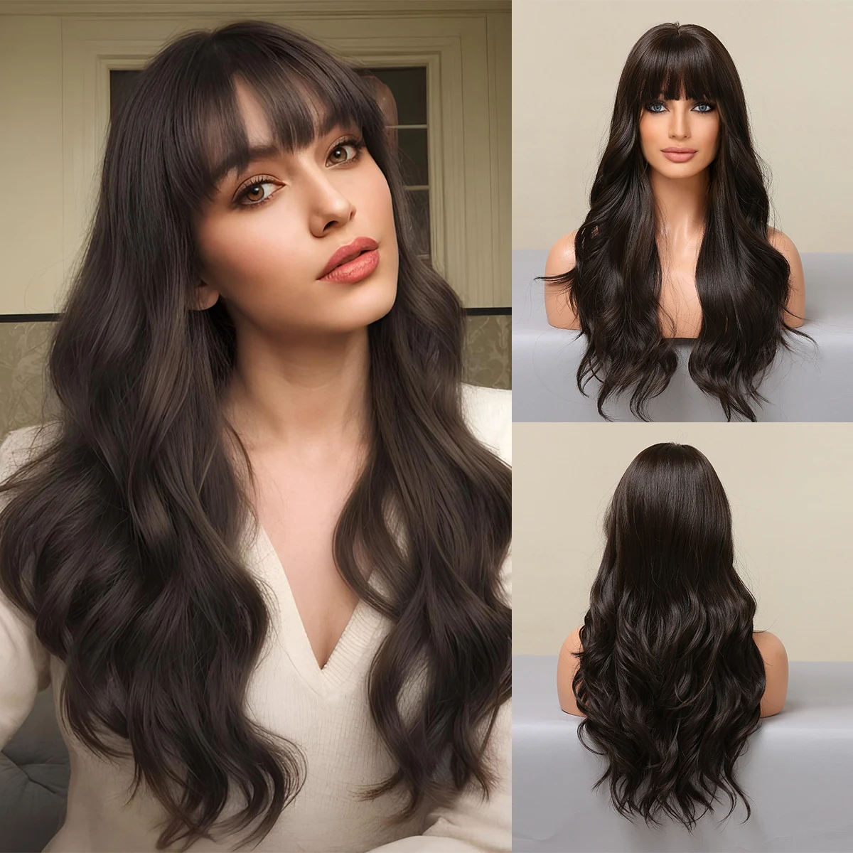 Long Wavy Black Brown Synthetic Wigs With Bangs Natural Curly Hair Wigs for Women Heat Resistant Fiber Wigs for Daily Cosplay