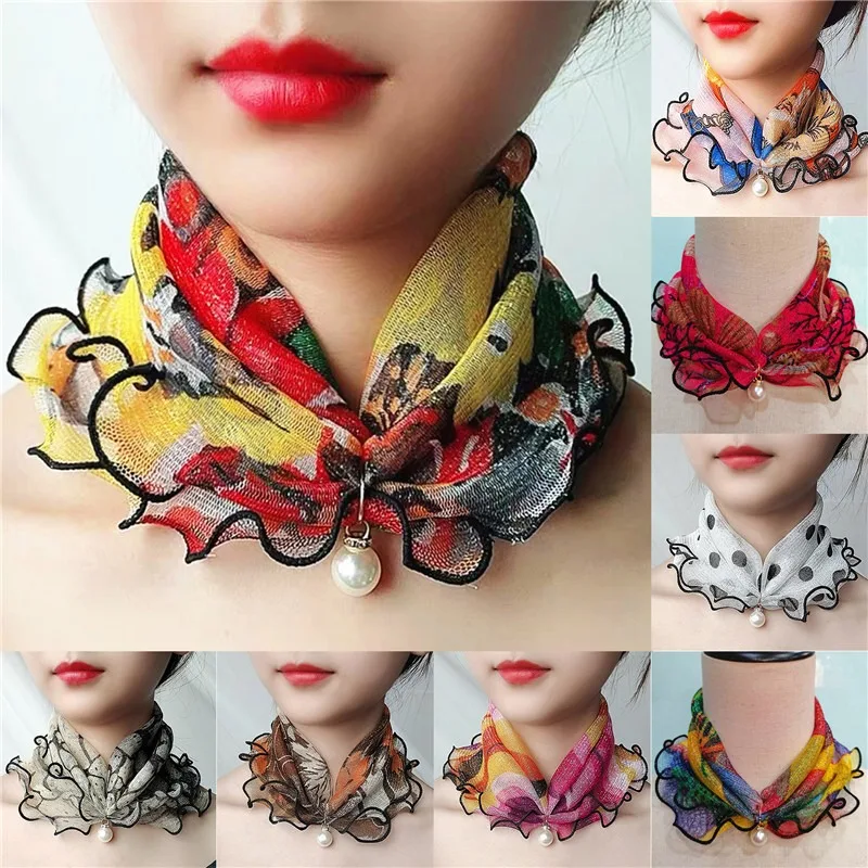 Fashion Lace Variety Scarf Necklace Creative Fake Pearl Pendant Scarf Elegant Loop Scarf For Women Clothing Accessories