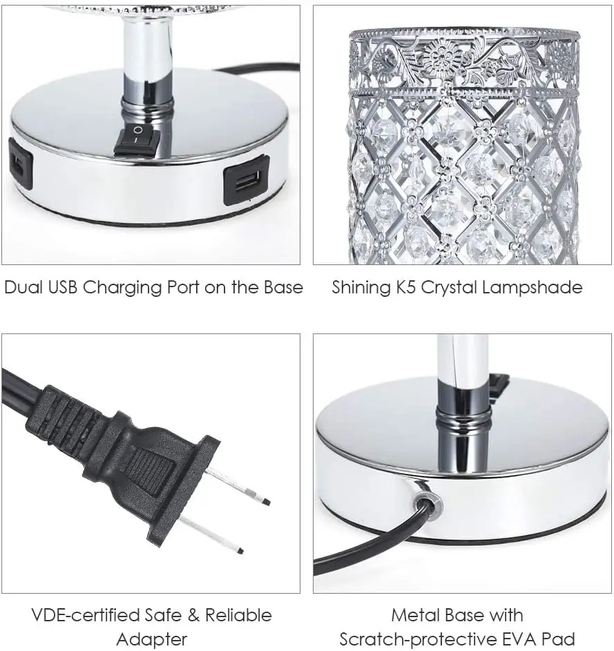 Lampada da tavolo in cristallo USB Set di 2, Lampade da comodino moderne in argento con porte di ricarica USB per camera da letto, soggiorno, ufficio