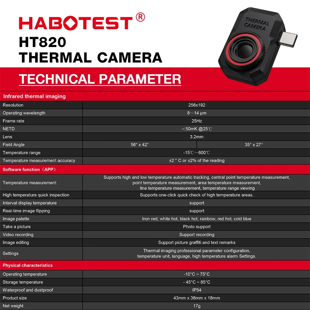 HABOTEST HT820 Thermal Camera 256x192 Infrared Heat Image Camera Thermal Imager for Android Mobile Phone (not for iPhone Type-C)