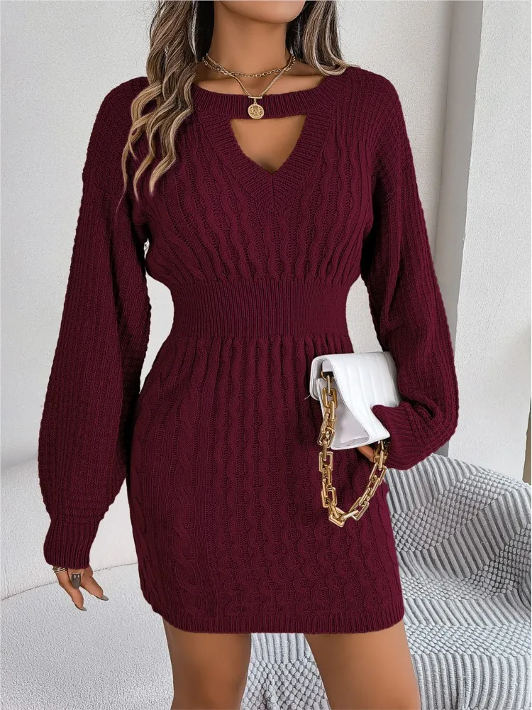 Women Autumn Winter New Style Solid Color Fried Dough Twists Sexy Cut Out Fashion Lantern Sleeve Round Neck Hip Wrap Wool Dress