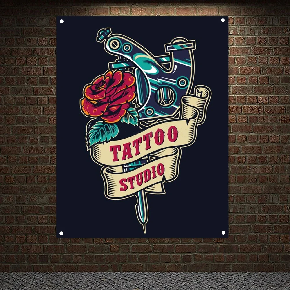 Tattoo Salon Vintage Colorful Badge Poster Wall Hanging Tattoo Machine Banners Flags Canvas Painting Tapestry Home Decoration