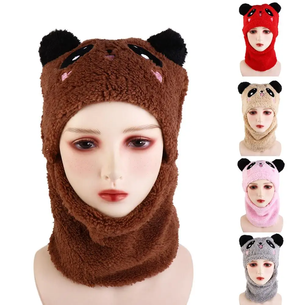 

Children Woolen With Scarf Neck Warmer Headwear Cashmere Inside Kids Bonnet Winter Fleece Hats Kids Caps Cartoon Panda Hats