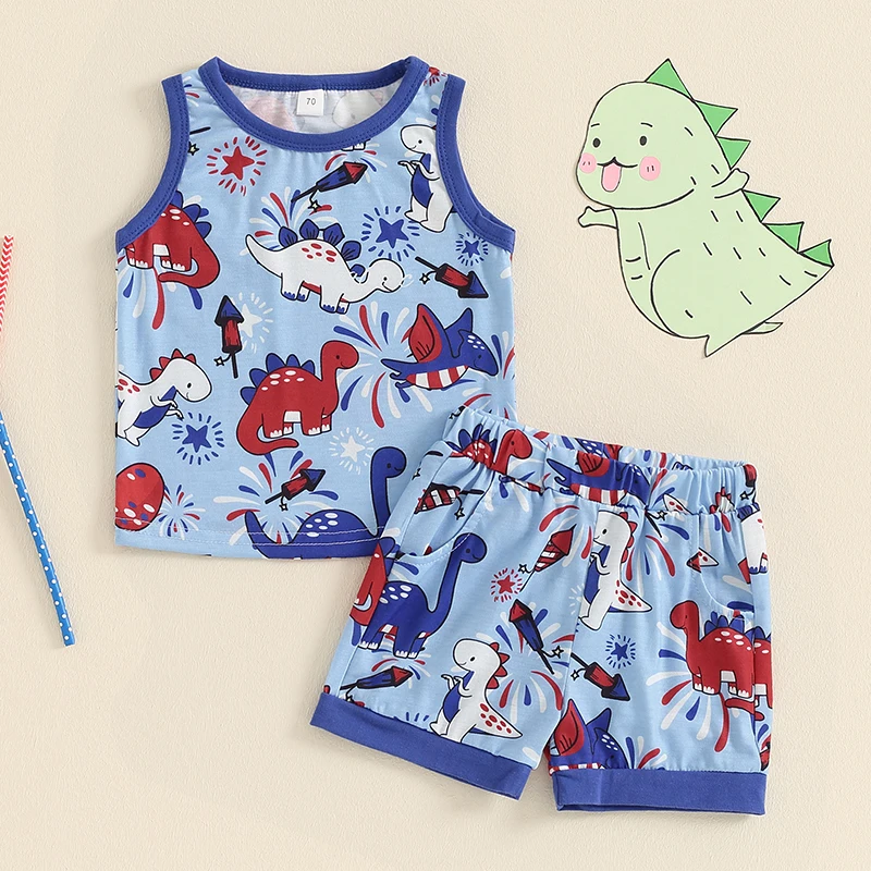 

Suefunskry Baby Boy 2 Piece Summer Outfit, Dinosaur Print Round Neck Tank Tops Elastic Waist Shorts 4th of July Set